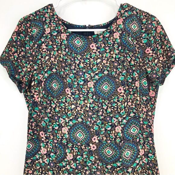 J. Crew Factory Blue Pink Teal Floral Medallion Short Sleeve ALine Flutter Dress - Picture 2 of 15